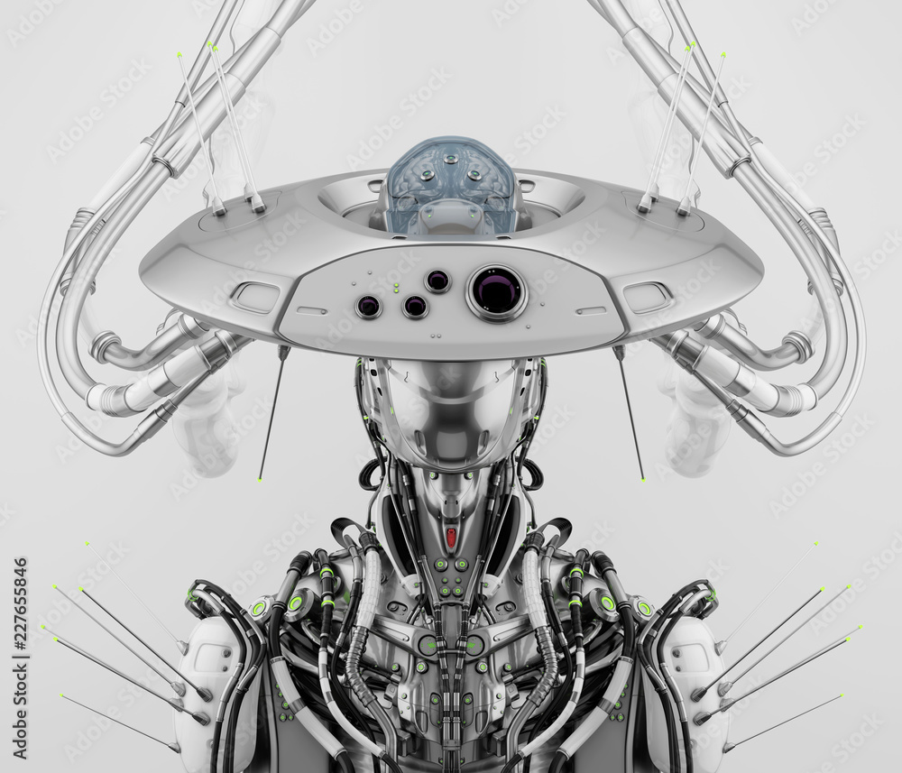 Poster smart robot with huge ai hat, 3d rendering
