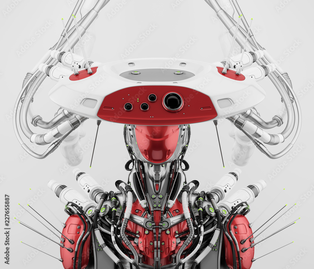 Poster smart robot with huge ai hat, 3d rendering