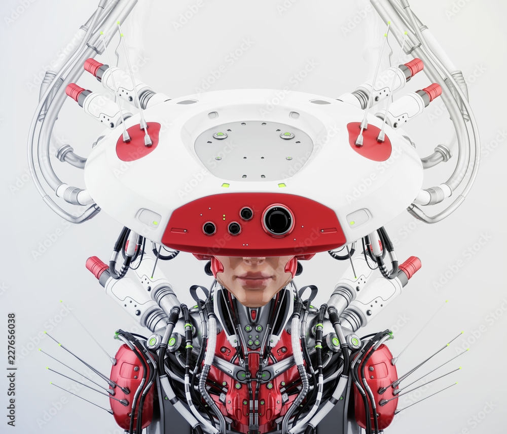Poster smart robot with huge ai hat, 3d rendering