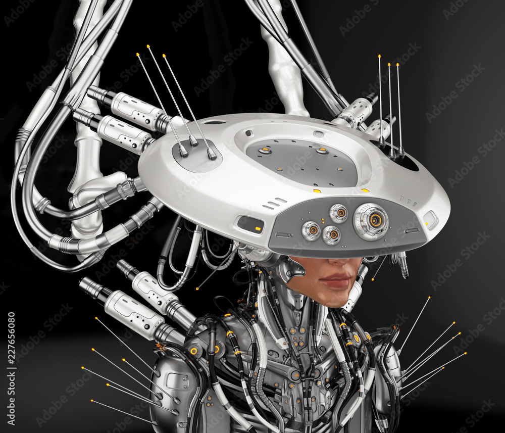 Poster smart robot with huge ai hat, 3d rendering