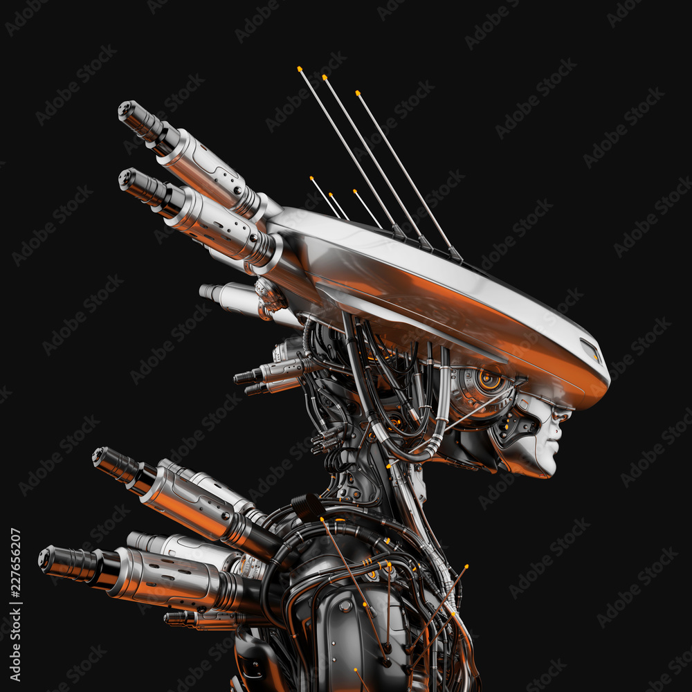 Poster smart robot with huge ai hat, 3d rendering