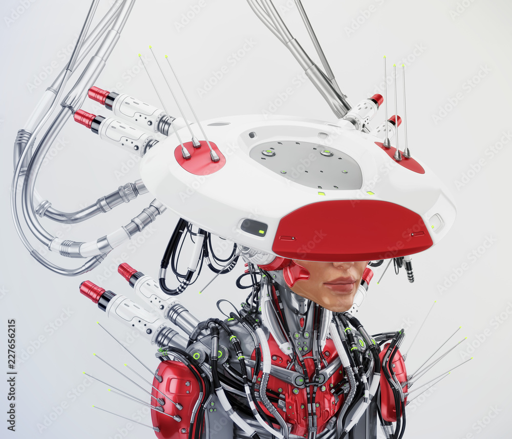 Poster smart robot with huge ai hat, 3d rendering