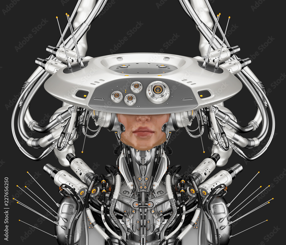 Poster smart robot with huge ai hat, 3d rendering