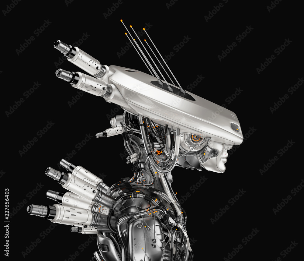Poster smart robot with huge ai hat, 3d rendering