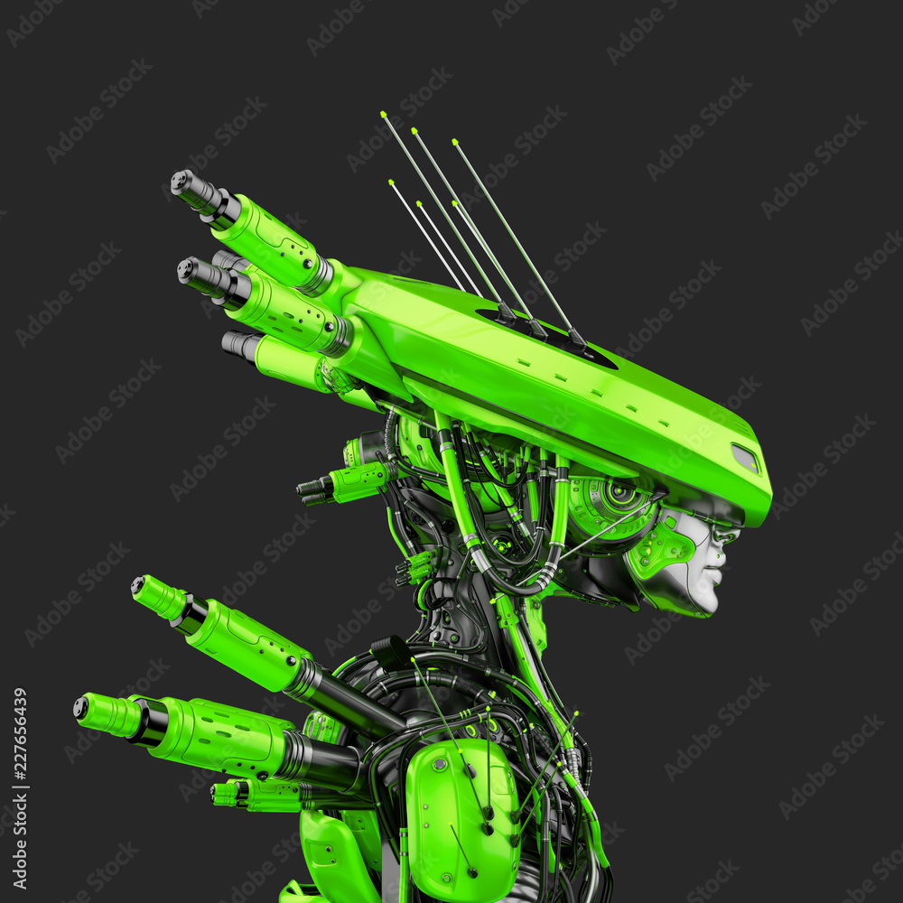 Poster smart robot with huge ai hat, 3d rendering