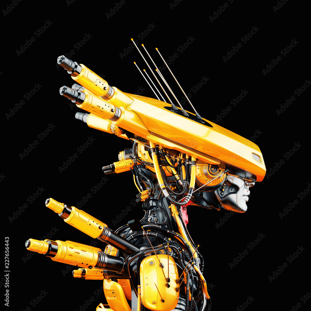Poster smart robot with huge ai hat, 3d rendering