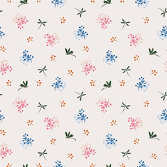 Wild flower with dragonfly seamless pattern on blue and pink mood