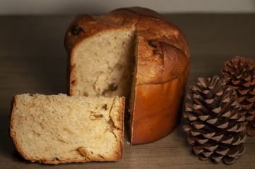 Traditional Christmas panettone with raisins and dried fruits