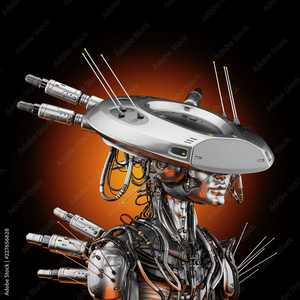 Poster smart robot with huge ai hat, 3d rendering