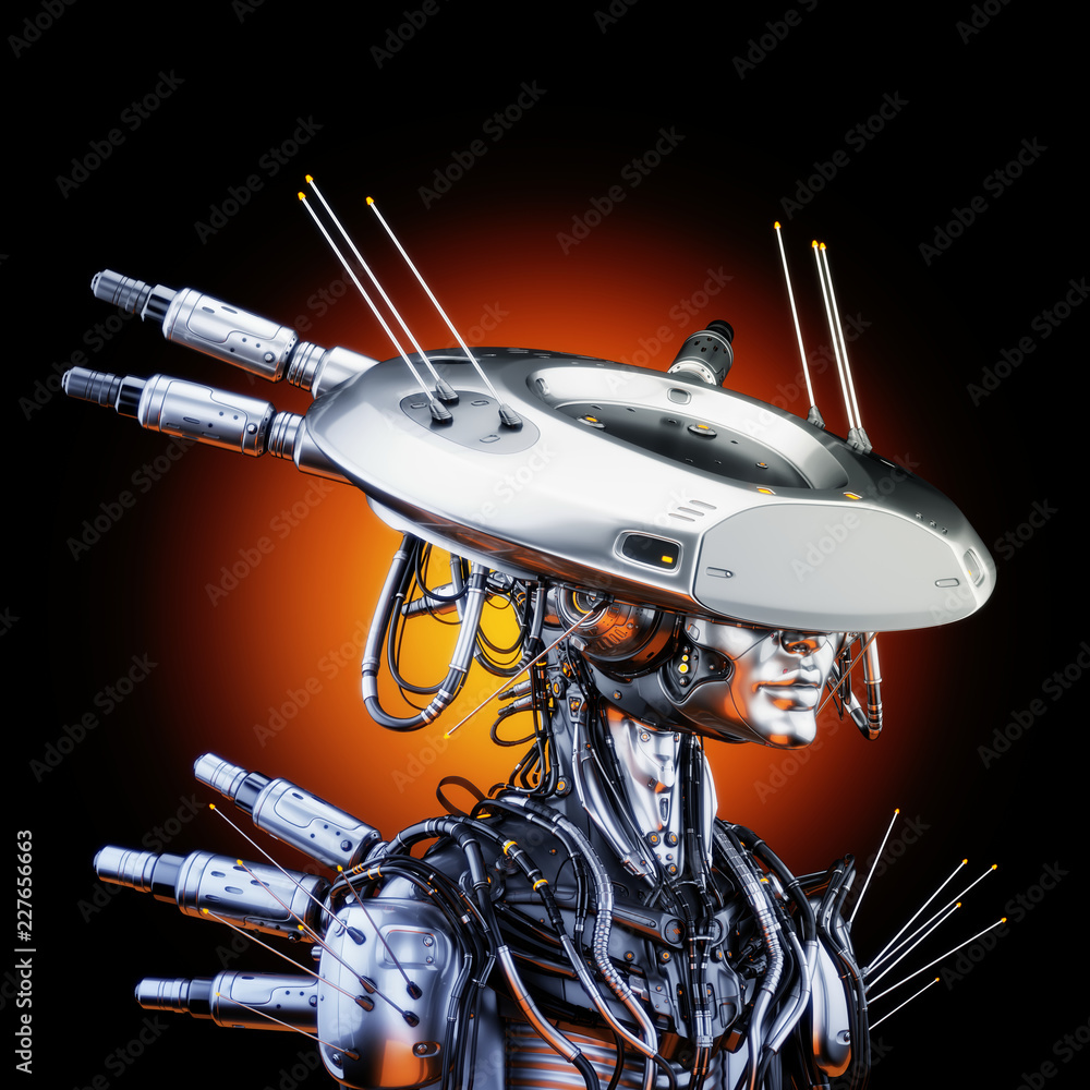 Poster smart robot with huge ai hat, 3d rendering