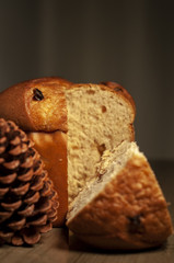 Traditional Christmas panettone with raisins and dried fruits