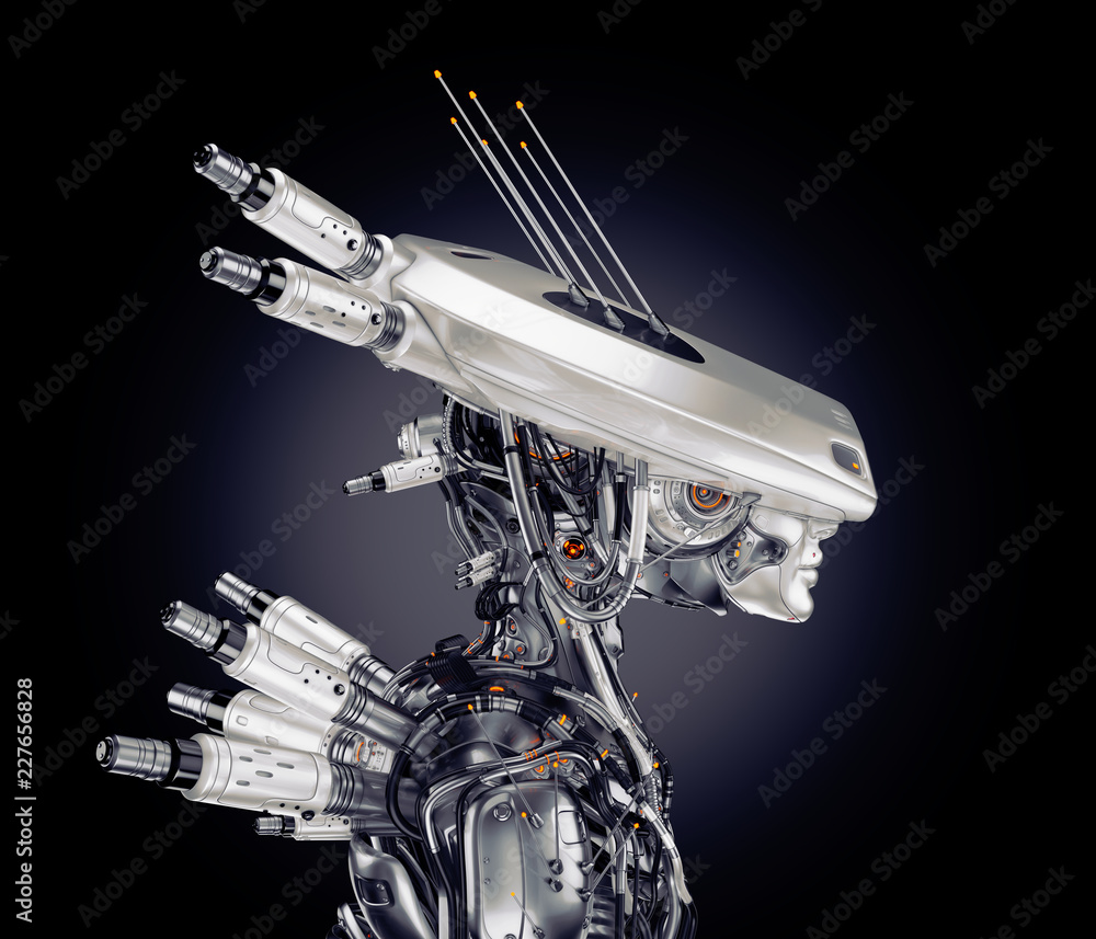 Poster smart robot with huge ai hat, 3d rendering