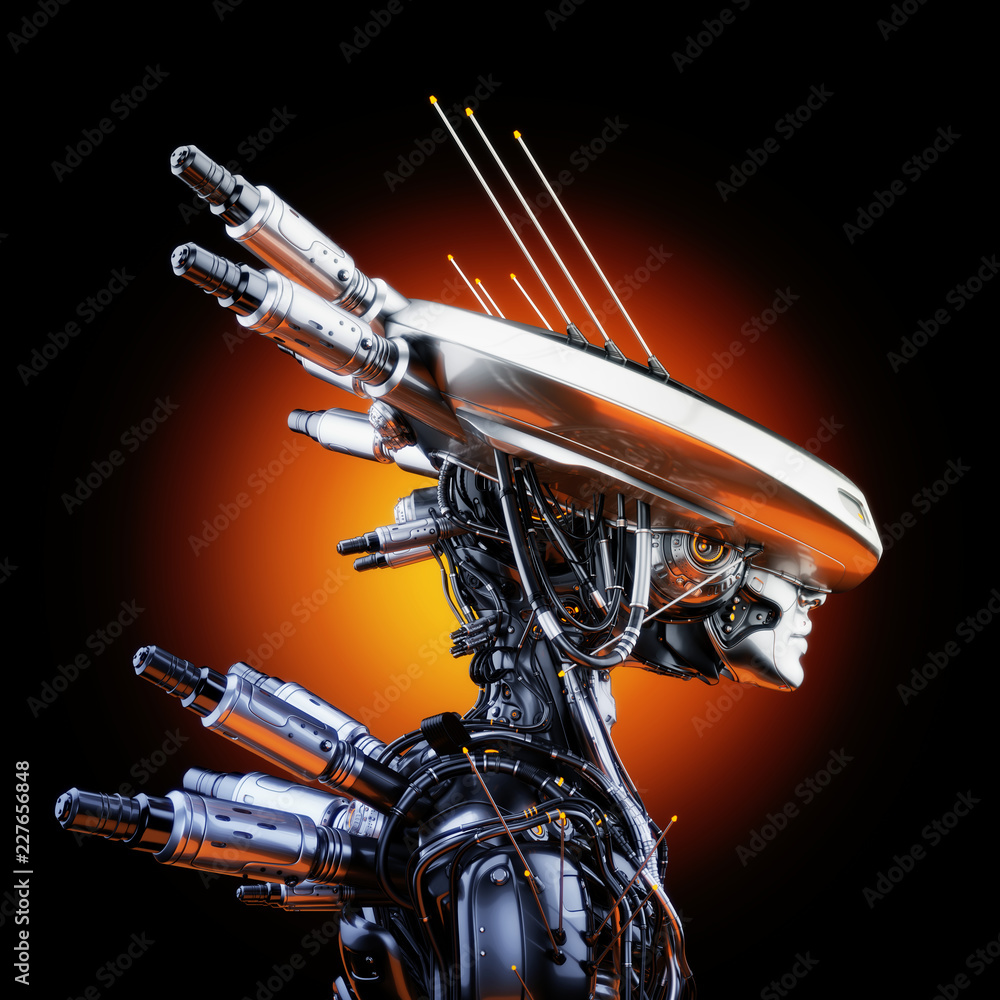 Poster smart robot with huge ai hat, 3d rendering