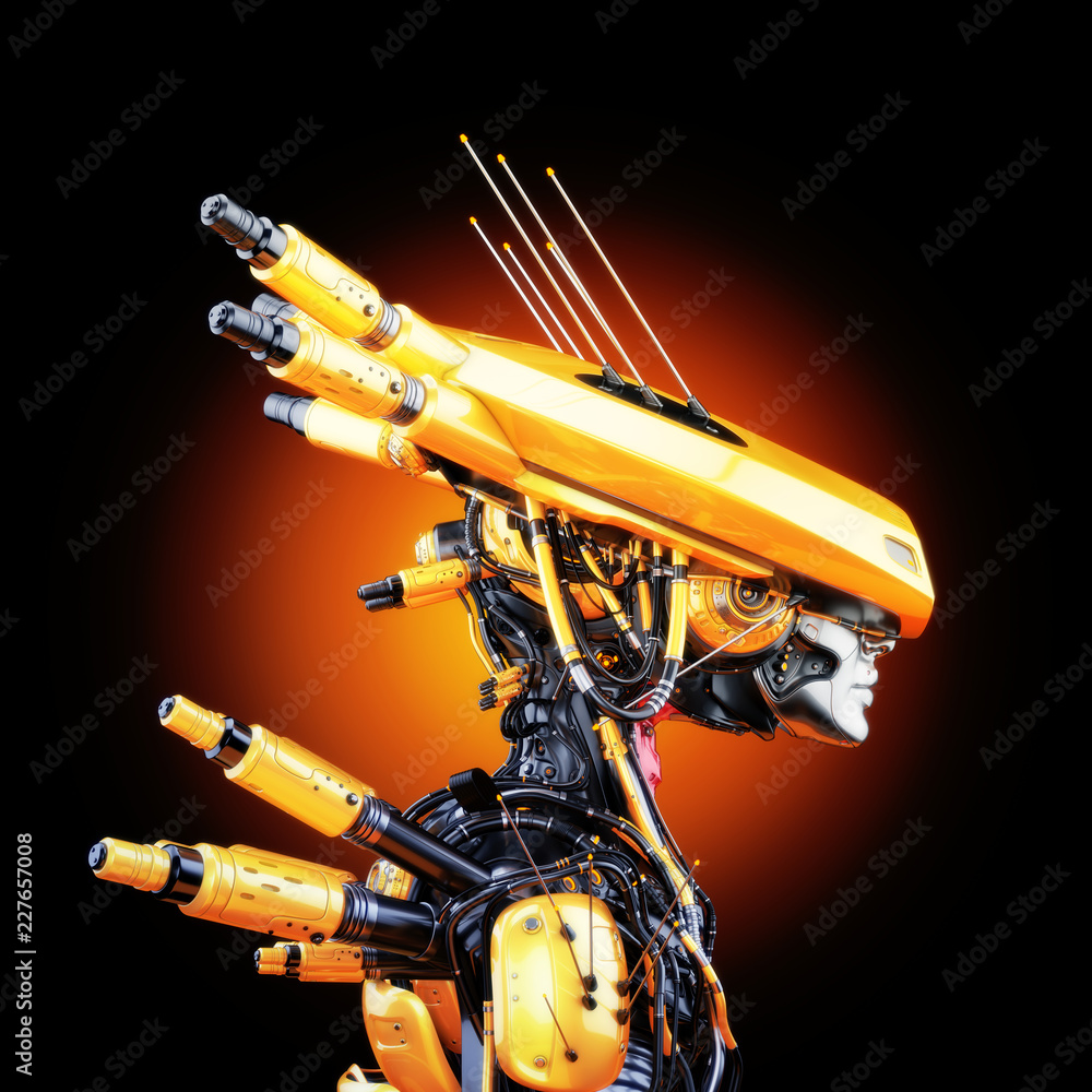 Poster smart robot with huge ai hat, 3d rendering