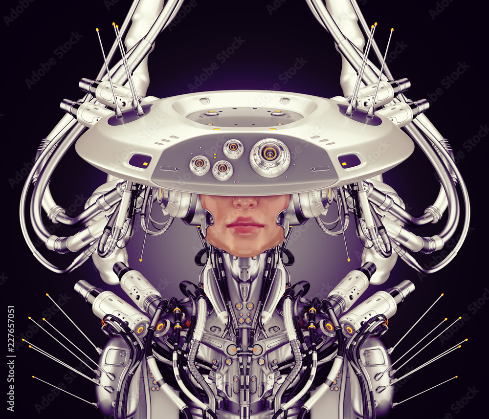 Poster smart robot with huge ai hat, 3d rendering