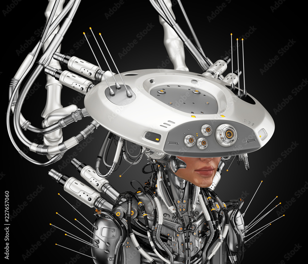 Poster smart robot with huge ai hat, 3d rendering