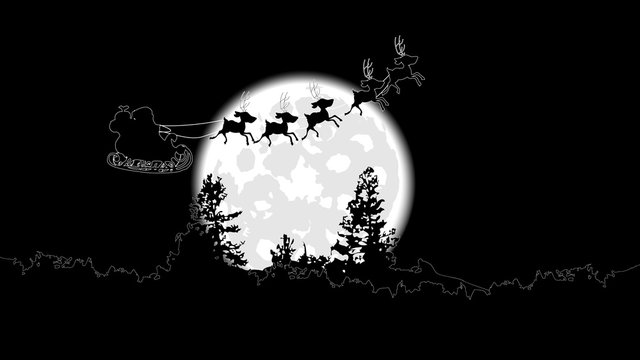 the Santa Claus on a broomstick flies against a full moon