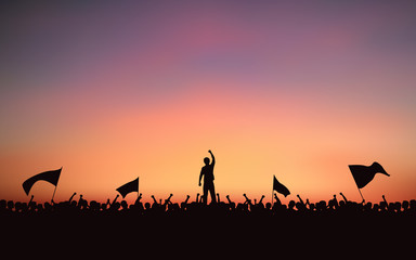 Silhouette group of people Raised Fist and flags Protest in flat icon design with evening sky background