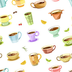 Coffee or tea poured in cup seamless pattern vector.