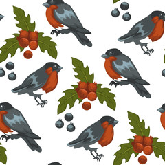 Merry Christmas bullfinch bird and mistletoe symbol seamless pattern