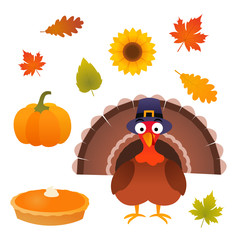 Thanksgiving autumn isolated vector set with turkey bird with pilgrim hat, pie, pumpkin, leaves and sunflower