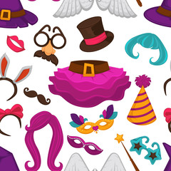 Carnival hat and accessories, wig and skirt seamless pattern