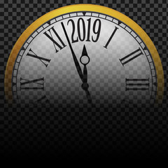 Fototapeta na wymiar Vector 2019 Happy New Year gold classic clock on transparent background
