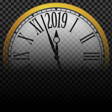 Vector 2019 Happy New Year gold  classic clock on transparent background