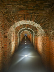Fototapeta na wymiar Dark brick long mystical arched corridor illuminated in the floor