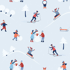 Happy holidays. Winter seamless pattern. Children walk outside. Winter and kids. Vector illustration in cartoon and flat style.
