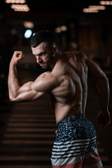 Fototapeta premium Athletic man with a muscular body poses in the gym, showing off his biceps. The concept of a healthy lifestyle