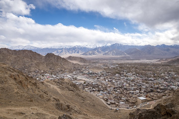 Lanscape scene of Stok mountain range with Leh city, Ladakh, India land of high passes.