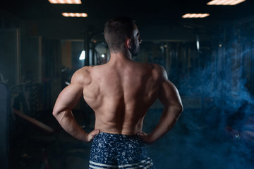 Fototapeta na wymiar athletic man with muscular body posing in the gym showing off his back. The concept of a healthy lifestyle