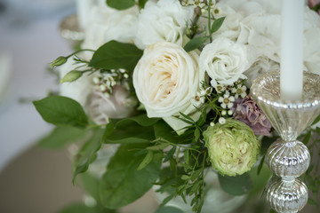 Closeup fresh white roses decoration table decoration. wedding decor
