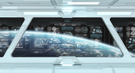 White spaceship interior with control panel digital screens 3D rendering