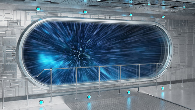 White tech spaceship round window interior background 3D rendering