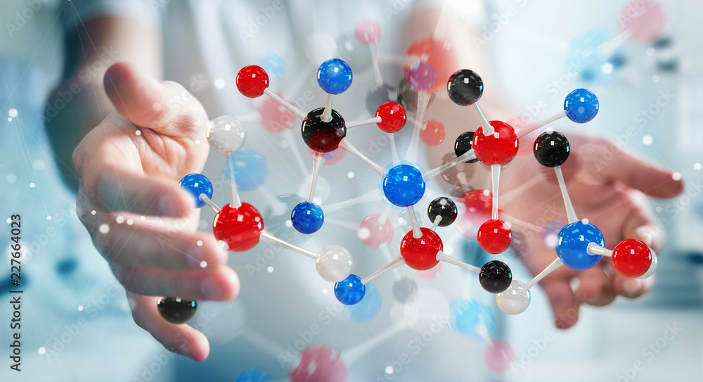 Poster Businessman using modern molecule structure 3D rendering