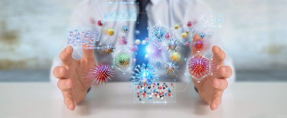 Businessman analyzing bacteria microscopic close-up 3D rendering