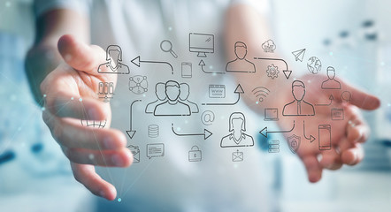 Businessman using thin line social network icons interface