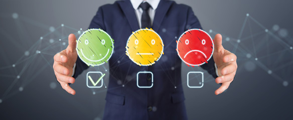 Businessman using thin line customer satisfaction rating