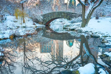 Photo sur Plexiglas Pont de Gapstow Parc central. New York. USA en hiver couvert de neige. Pont de Gapstow.