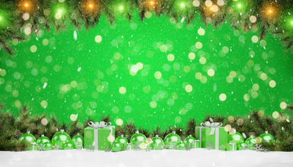 Green christmas baubles and gifts lined up 3D rendering