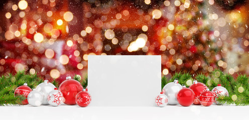 Blank Christmas card laying on red baubles and gift 3D rendering