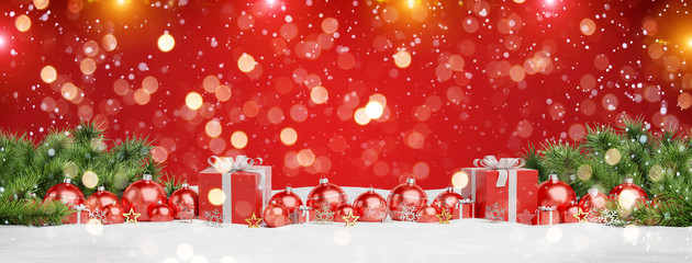 Red christmas baubles and gifts lined up 3D rendering