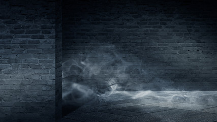 Background of an empty corridor, basement, tunnel with brick, old walls and highlights of light. Brick walls, glow, smoke. Dark gloomy empty background.