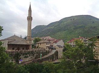 Fototapeta na wymiar Koski Mehmed Pasha Mosque and the Minaret in the Historic Town of Mostar, Bosnia and Herzegovina, Balkans, Europe