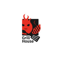 Grill logo. Barbecue restaurant with hot fire character. Smoke meat, beef steak, fast food cook icon.