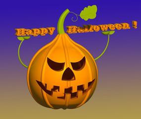 Happy Halloween greeting card 3D illustration. Pumpkin lantern holding 3d text, gradient background. Collection.