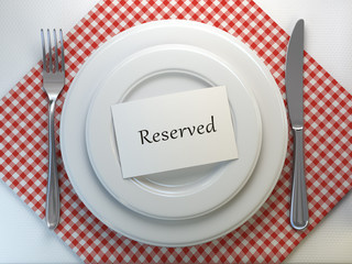 Reserved card on a restaurant table setting. Top view. Mock up. 3