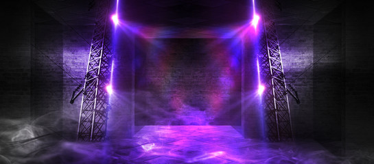 Background of an empty corridor, basement, tunnel with brick, old walls and neon lights. Brick walls, neon, smoke. Empty background scene, bright © MiaStendal